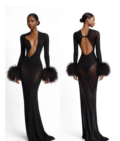 MESH OSTRICH SLEEVE DRESS